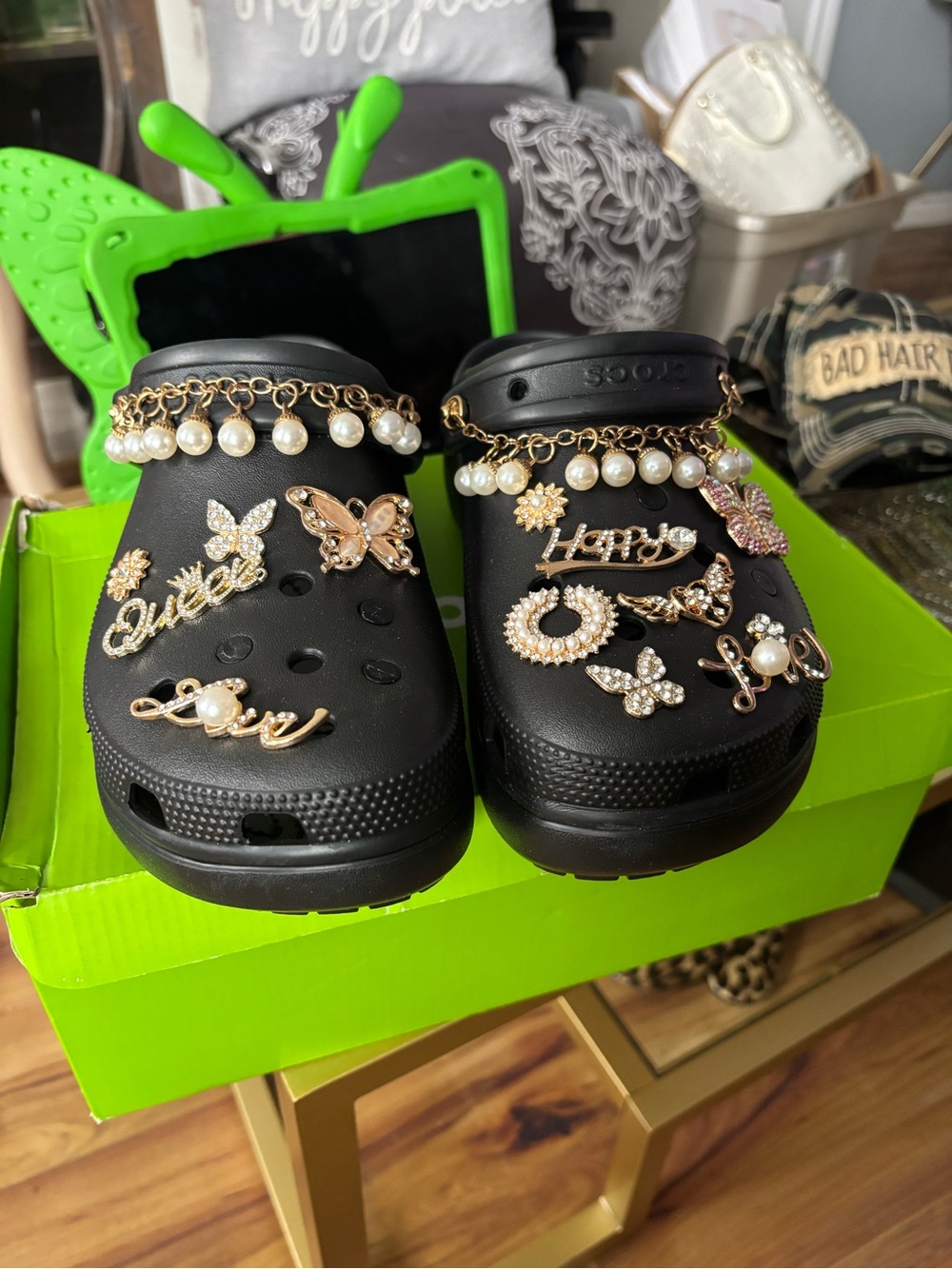 CROCS Black Slip-On Clogs with Gold & Pearl Charms